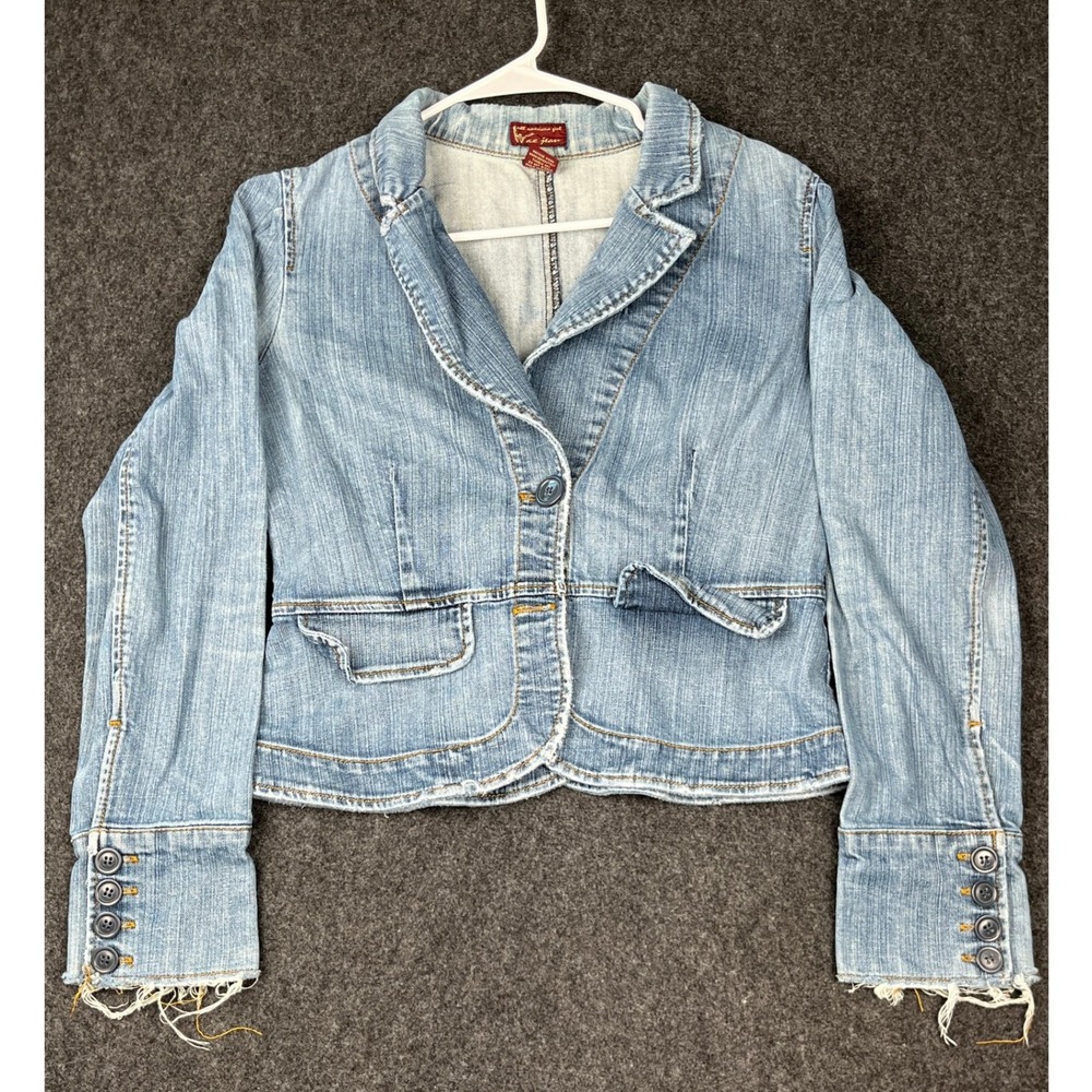 Wax Jean Denim Blazer Jacket Womens M Light Wash Distressed Frayed Hem Y2K